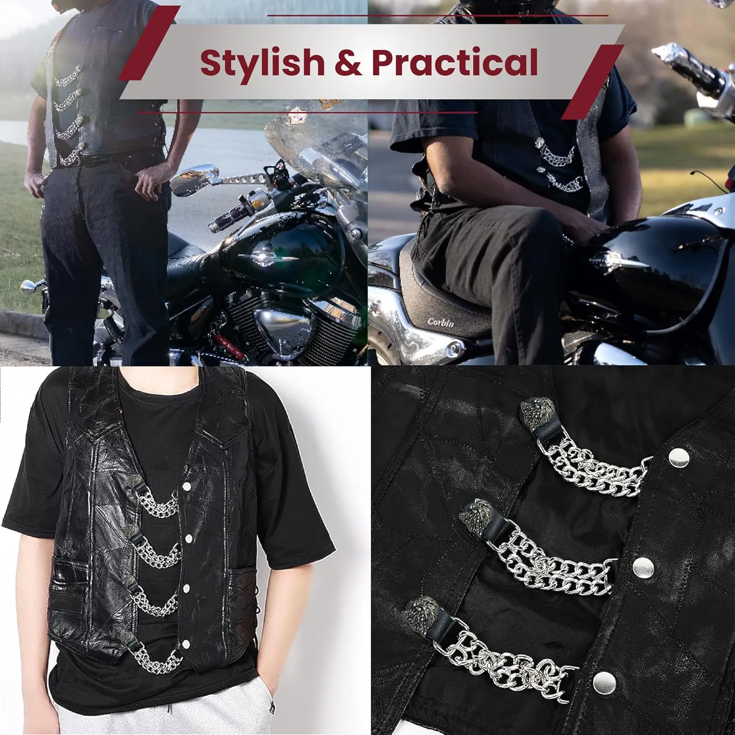 Motorcycle Vest Extenders for Men and Women  Heavy-Duty Chrome Chain with Snap Buttons for Biker Vests & Gear