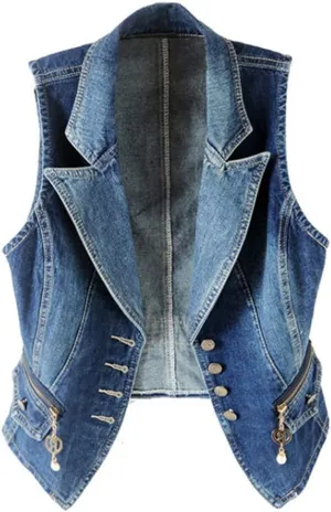 Oiefeen Women's Slim All-match Lapel Blue Denim Vest Jacket Vest