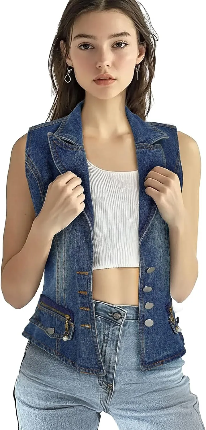 Oiefeen Women's Slim All-match Lapel Blue Denim Vest Jacket Vest