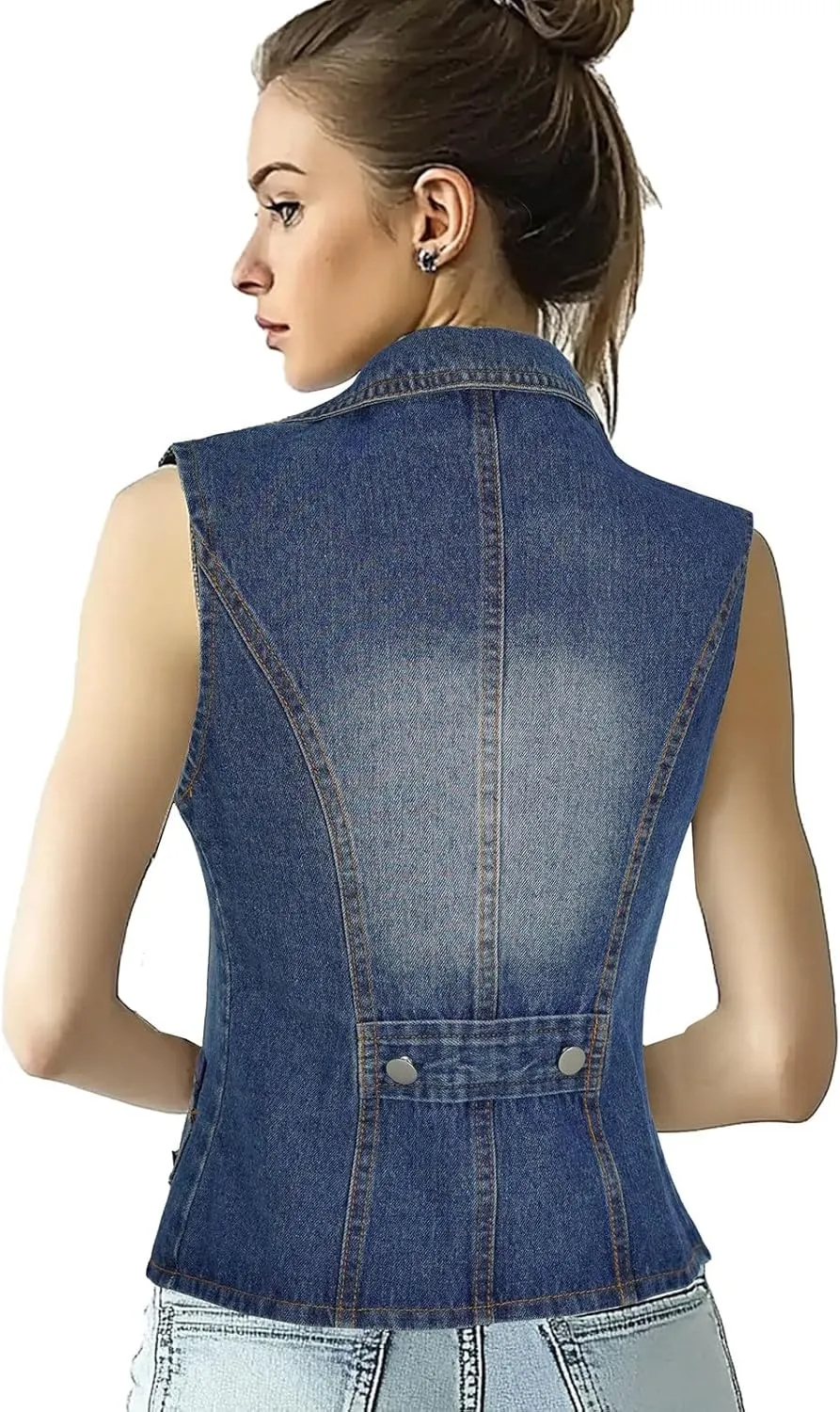 Oiefeen Women's Slim All-match Lapel Blue Denim Vest Jacket Vest