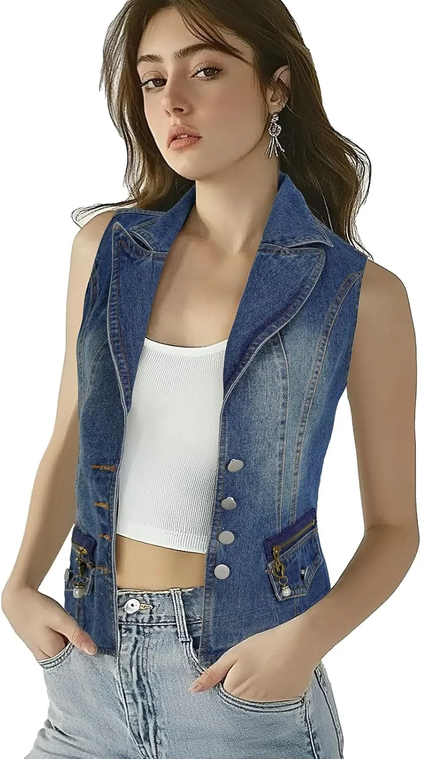 Oiefeen Women's Slim All-match Lapel Blue Denim Vest Jacket Vest