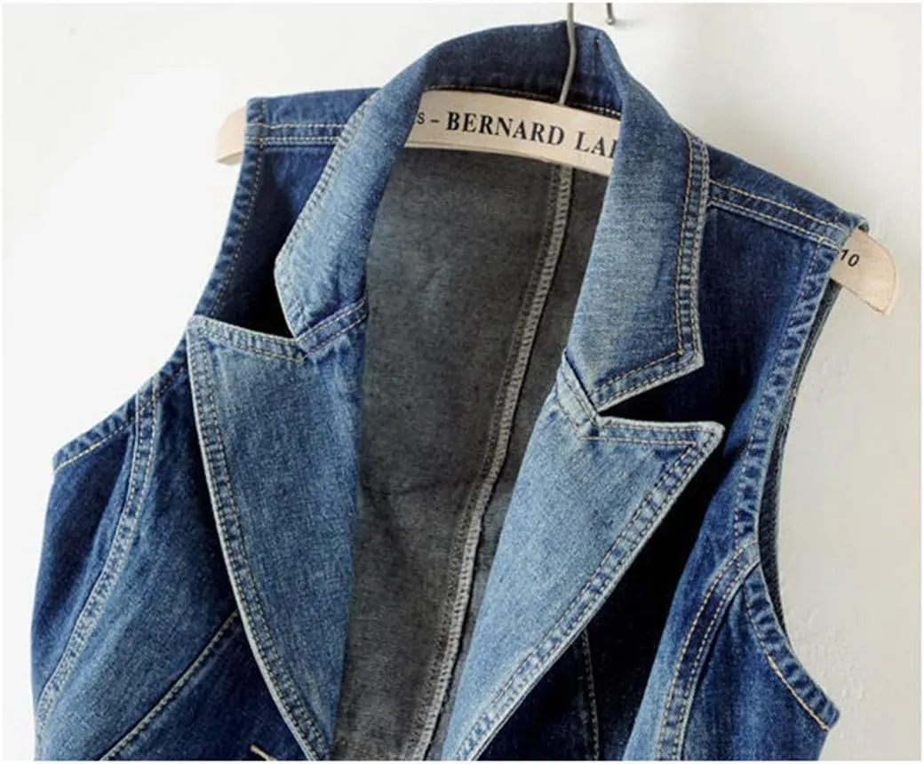 Oiefeen Women's Slim All-match Lapel Blue Denim Vest Jacket Vest