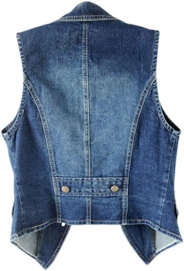 Oiefeen Women's Slim All-match Lapel Blue Denim Vest Jacket Vest