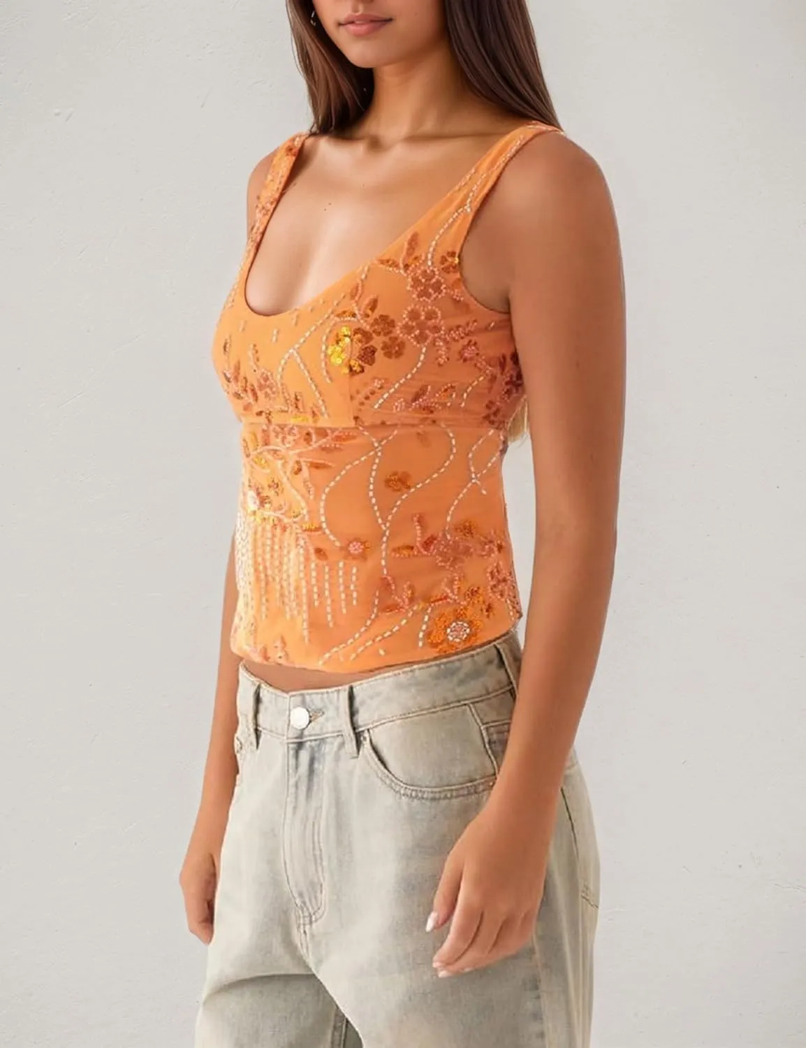 OLAPTA Women Sequin Beaded Sparkle Crop Cami Tank Glitter Rhinestone Low U Neck Sleeveless Backless Sexy Summer Going Out Top