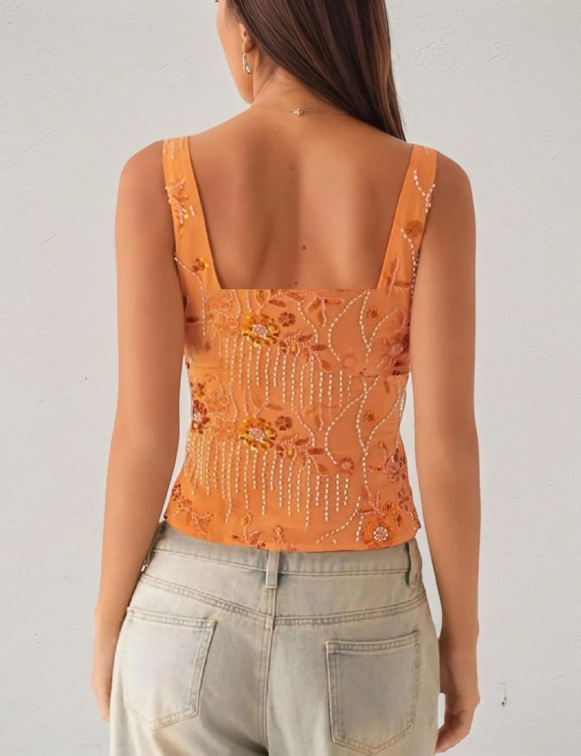 OLAPTA Women Sequin Beaded Sparkle Crop Cami Tank Glitter Rhinestone Low U Neck Sleeveless Backless Sexy Summer Going Out Top