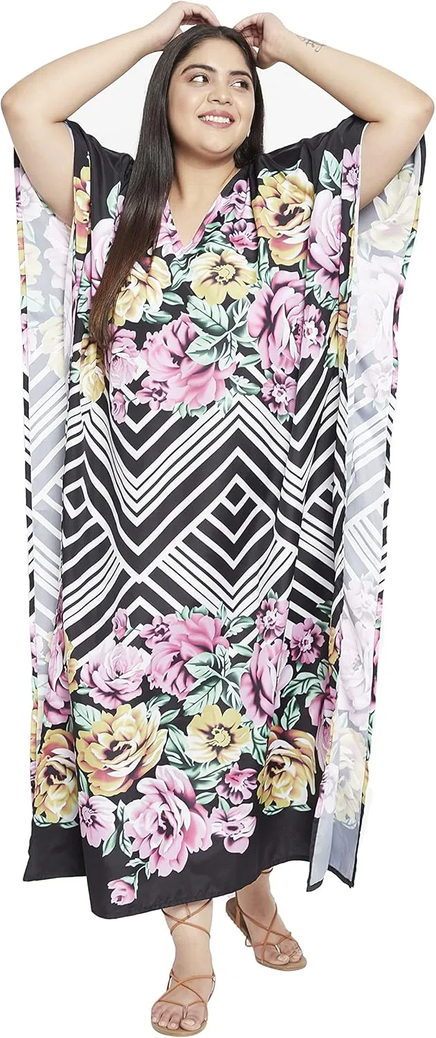 Oussum Women Casual Kaftan Plus Size Long Dubai Caftan Beach Polyester Maxi House Dress for Ladies