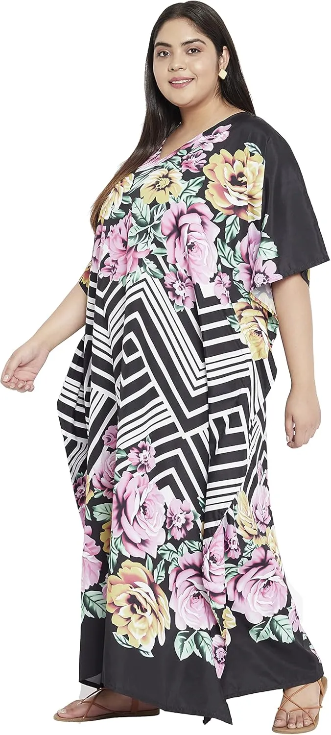 Oussum Women Casual Kaftan Plus Size Long Dubai Caftan Beach Polyester Maxi House Dress for Ladies