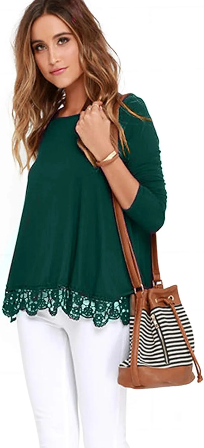 RAGEMALL Women's Tops Long Sleeve Lace Trim O-Neck A-Line Tunic Blouse Tops for Women