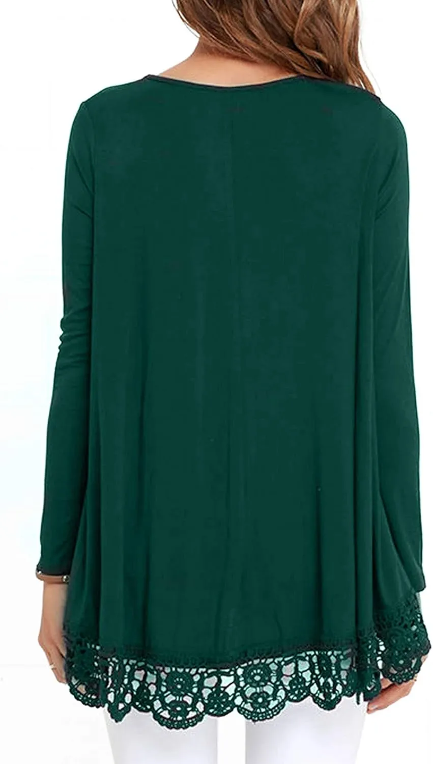 RAGEMALL Women's Tops Long Sleeve Lace Trim O-Neck A-Line Tunic Blouse Tops for Women