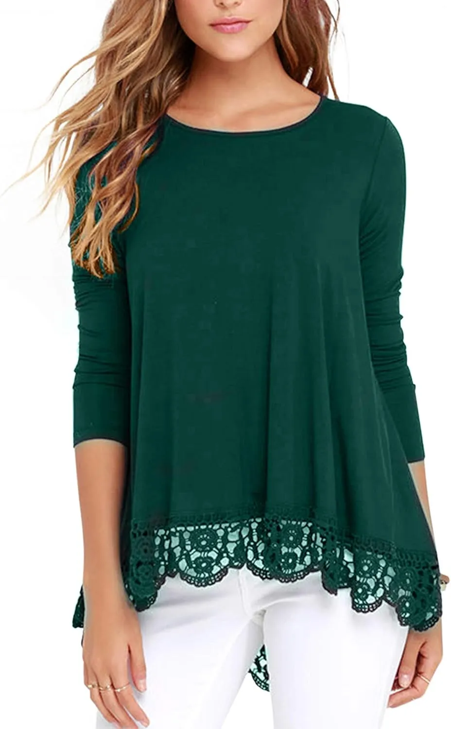 RAGEMALL Women's Tops Long Sleeve Lace Trim O-Neck A-Line Tunic Blouse Tops for Women
