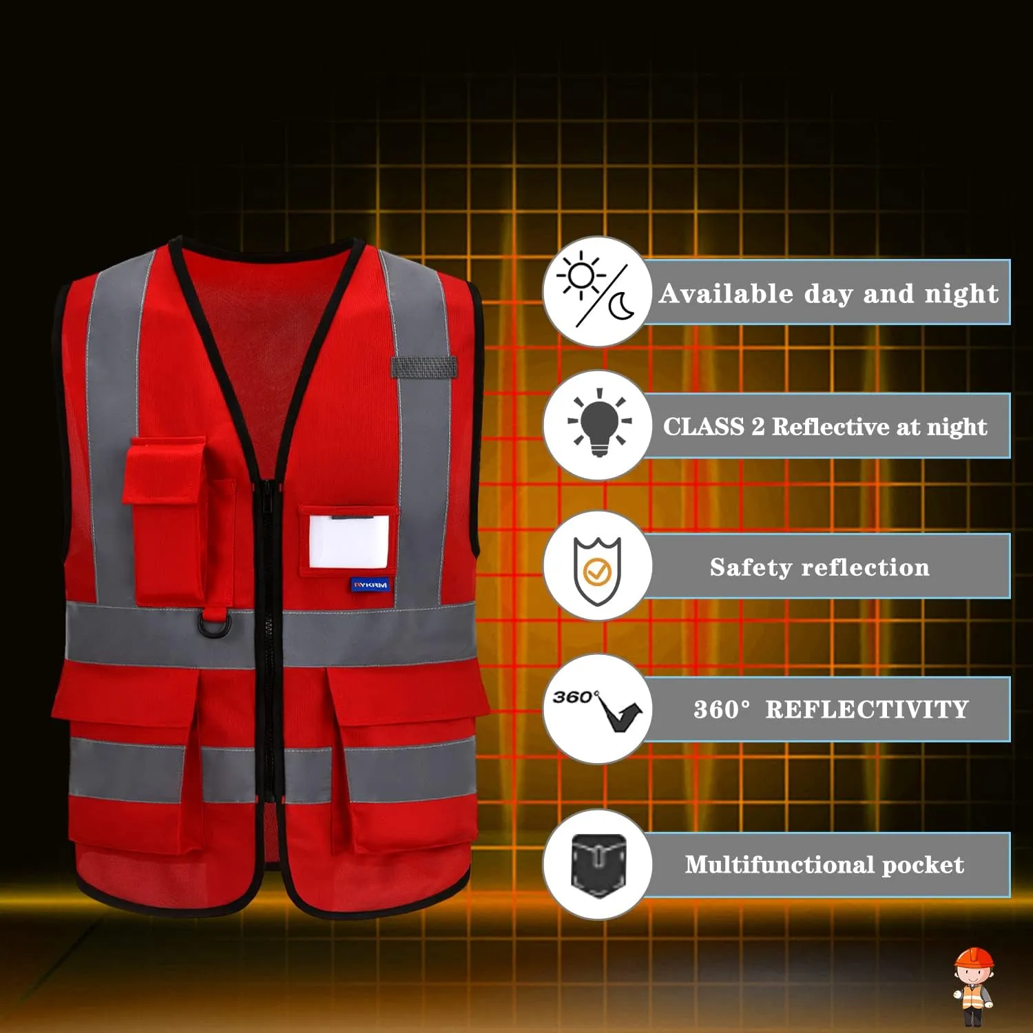 Reflective Security Safety Vests Heavy Duty with 7 Pockets and Front Zipper