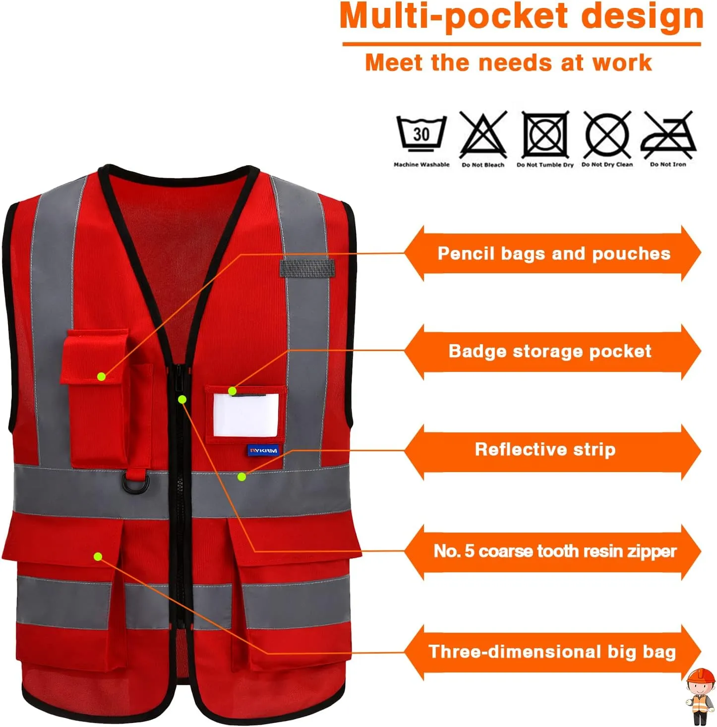 Reflective Security Safety Vests Heavy Duty with 7 Pockets and Front Zipper