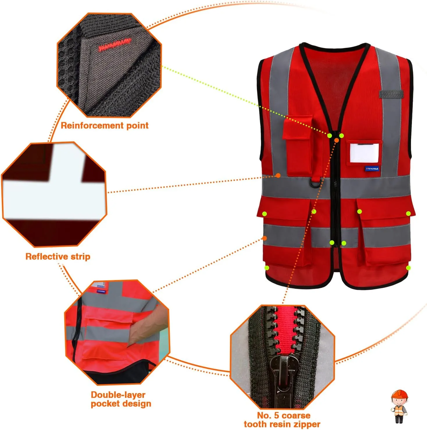 Reflective Security Safety Vests Heavy Duty with 7 Pockets and Front Zipper