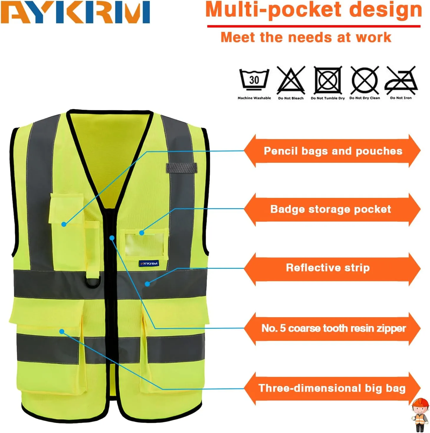 Reflective Security Safety Vests Heavy Duty with 7 Pockets and Front Zipper