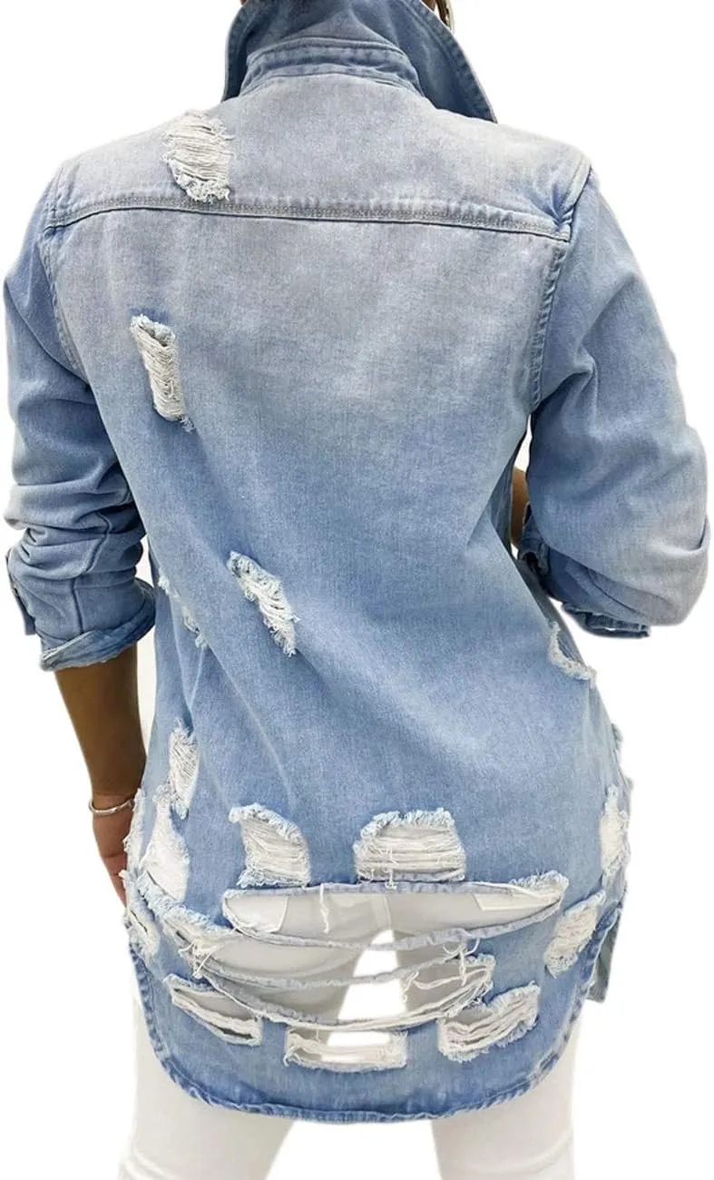 SeNight Women's Jean Jacket Long Sleeve Classic Distressed Fray Hem Tassels Denim Trucker Jackets