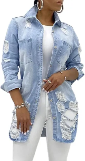 SeNight Women's Jean Jacket Long Sleeve Classic Distressed Fray Hem Tassels Denim Trucker Jackets