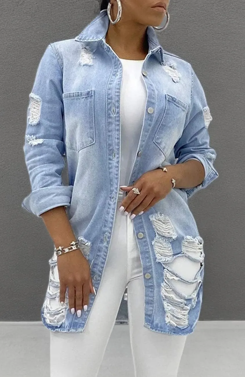 SeNight Women's Jean Jacket Long Sleeve Classic Distressed Fray Hem Tassels Denim Trucker Jackets