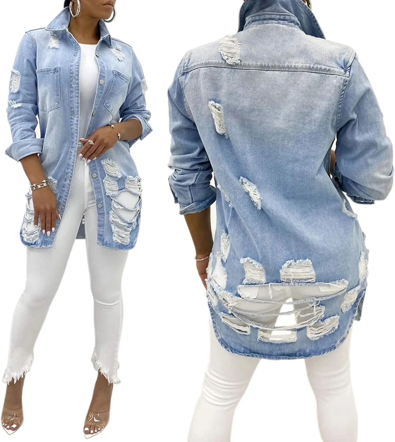 SeNight Women's Jean Jacket Long Sleeve Classic Distressed Fray Hem Tassels Denim Trucker Jackets