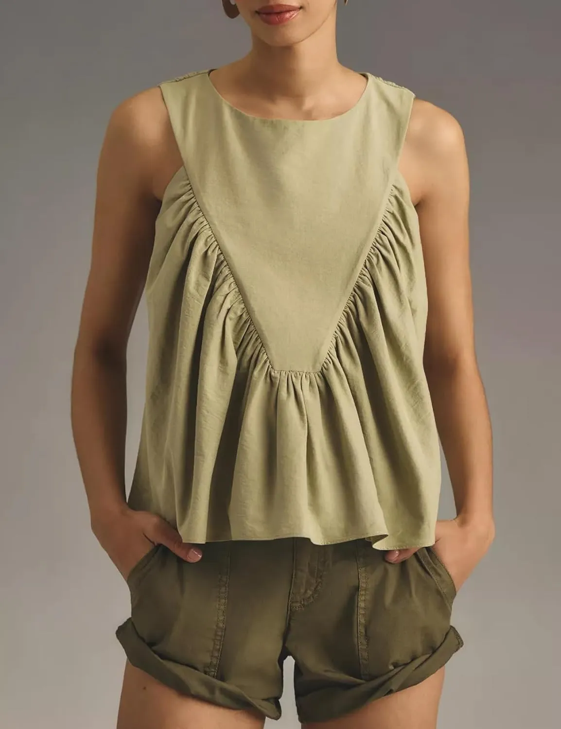 Shiyifa Womens Peplum Babydoll Tops Shirred Swing Tank Tops Pleated Flowy Loose Fit Ruffled Vests