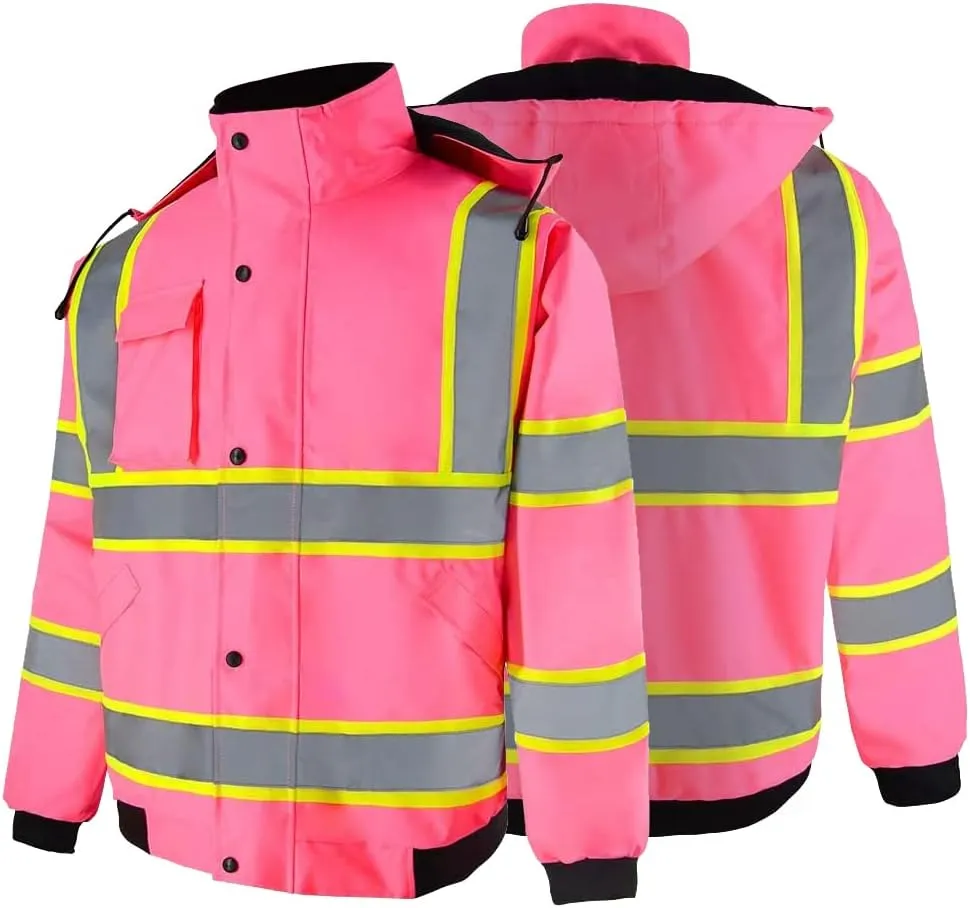 SMASYS Hi-Viz Quilted Padding Safety Bomber Jacket for Men, ANSI Class 3 High Visibility Reflective Tapes, Full-Zip with Detachable Hood Waterproof Construction Workerwear (Pink,L)