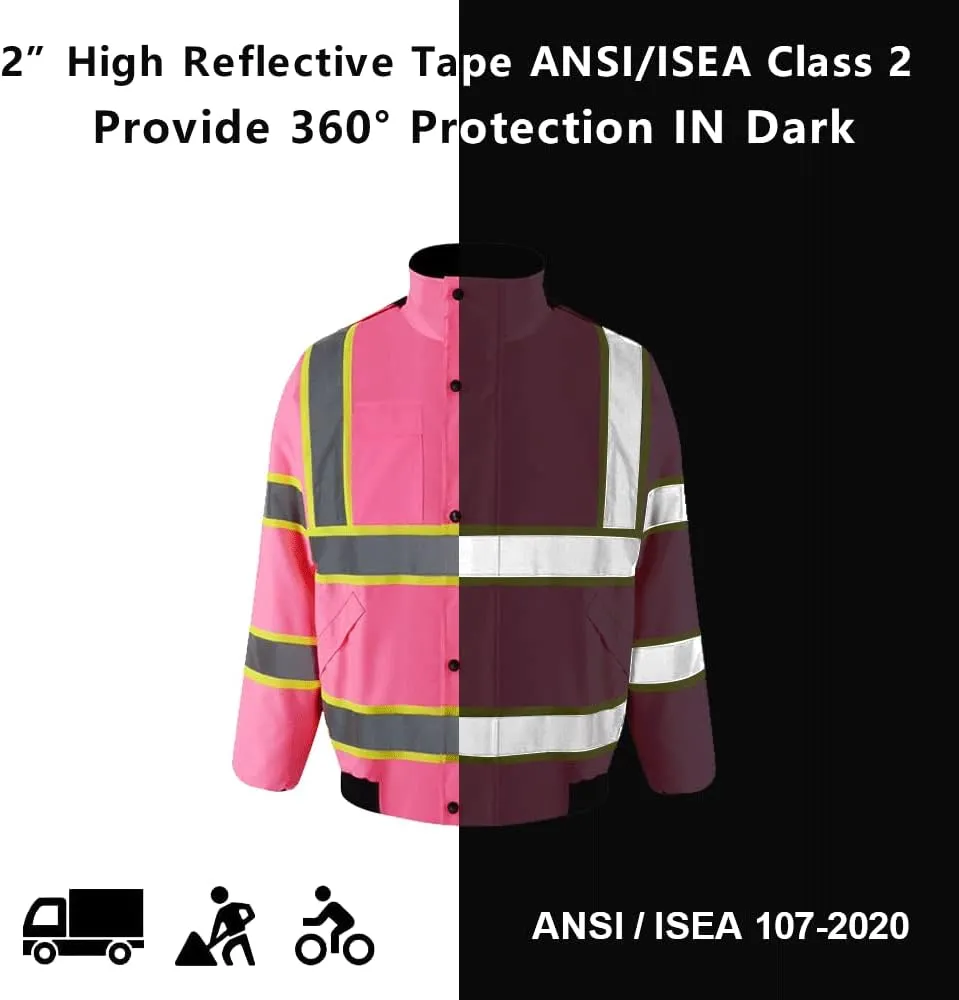 SMASYS Hi-Viz Quilted Padding Safety Bomber Jacket for Men, ANSI Class 3 High Visibility Reflective Tapes, Full-Zip with Detachable Hood Waterproof Construction Workerwear (Pink,L)