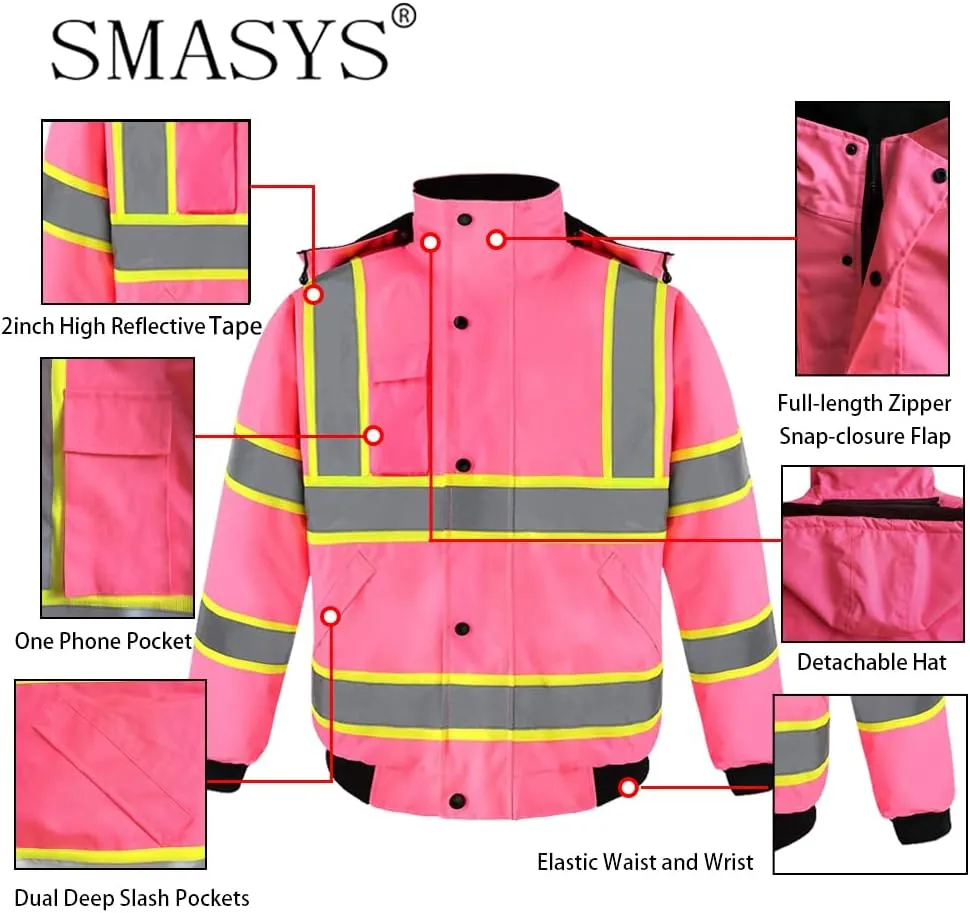 SMASYS Hi-Viz Quilted Padding Safety Bomber Jacket for Men, ANSI Class 3 High Visibility Reflective Tapes, Full-Zip with Detachable Hood Waterproof Construction Workerwear (Pink,L)