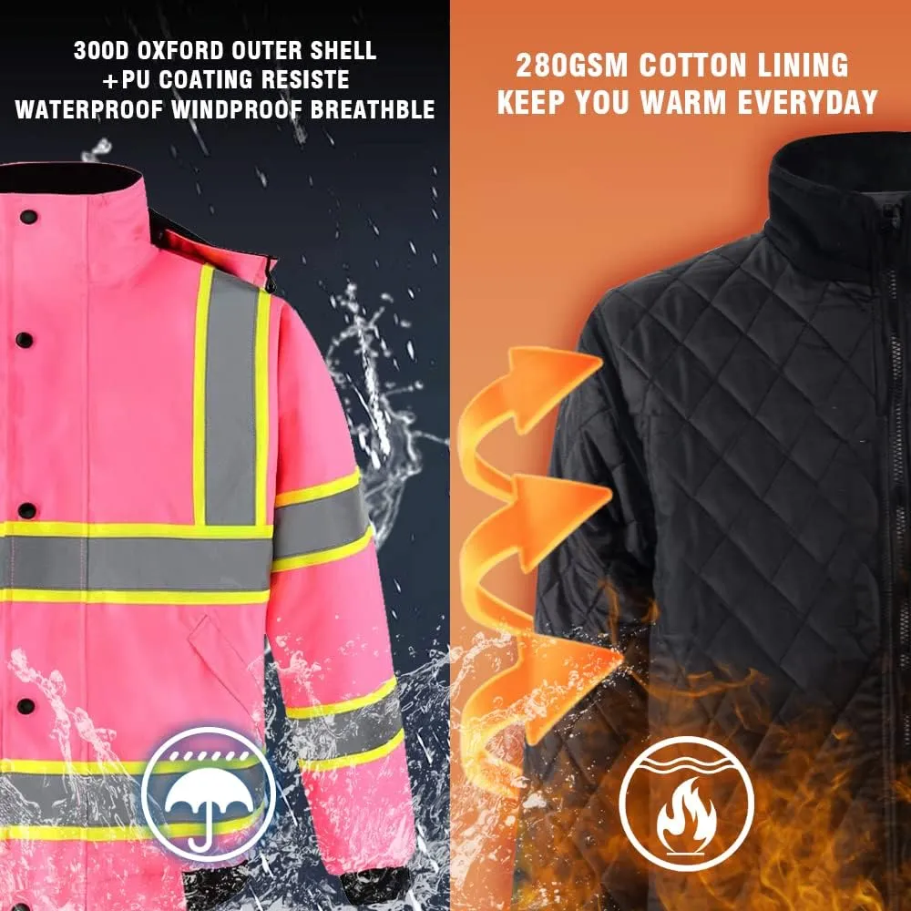 SMASYS Hi-Viz Quilted Padding Safety Bomber Jacket for Men, ANSI Class 3 High Visibility Reflective Tapes, Full-Zip with Detachable Hood Waterproof Construction Workerwear (Pink,L)