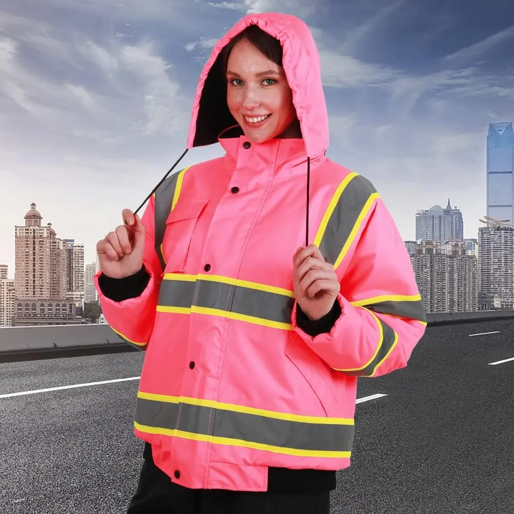 SMASYS Hi-Viz Quilted Padding Safety Bomber Jacket for Men, ANSI Class 3 High Visibility Reflective Tapes, Full-Zip with Detachable Hood Waterproof Construction Workerwear (Pink,L)
