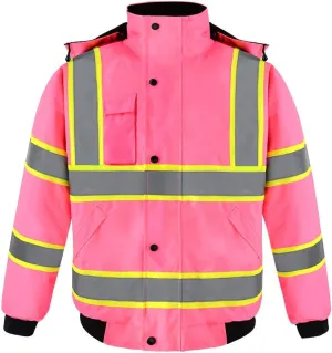 SMASYS Hi-Viz Quilted Padding Safety Bomber Jacket for Men, ANSI Class 3 High Visibility Reflective Tapes, Full-Zip with Detachable Hood Waterproof Construction Workerwear (Pink,L)