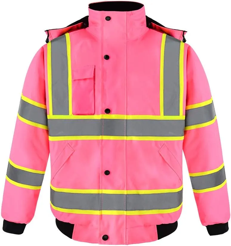 SMASYS Hi-Viz Quilted Padding Safety Bomber Jacket for Men, ANSI Class 3 High Visibility Reflective Tapes, Full-Zip with Detachable Hood Waterproof Construction Workerwear (Pink,L)