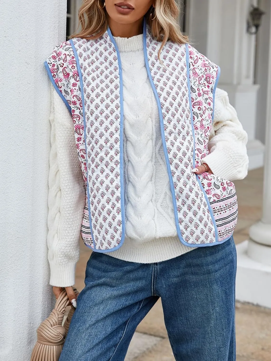 Tankaneo Womens Floral Quilted Puffer Vest Oversized Open Front Cap Sleeve Jacket Sleeveless Patchwork Outerwear