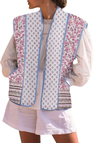 Tankaneo Womens Floral Quilted Puffer Vest Oversized Open Front Cap Sleeve Jacket Sleeveless Patchwork Outerwear