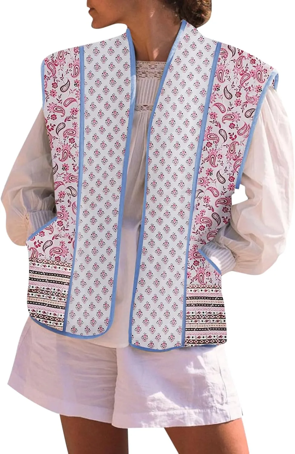 Tankaneo Womens Floral Quilted Puffer Vest Oversized Open Front Cap Sleeve Jacket Sleeveless Patchwork Outerwear