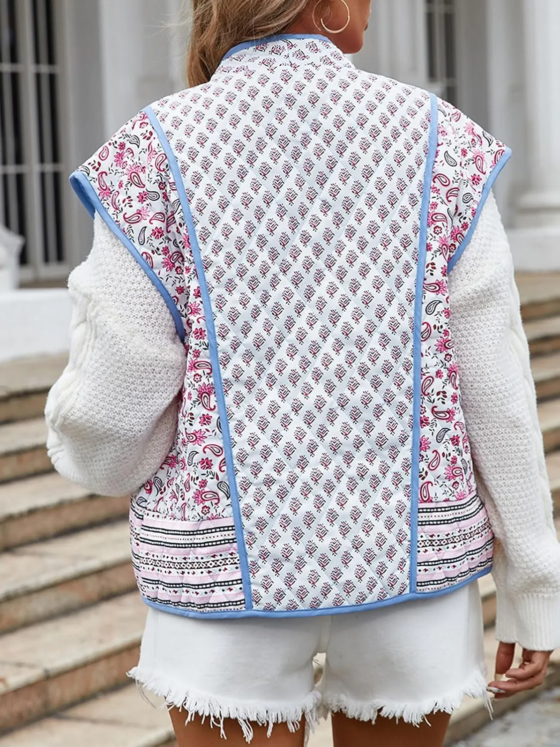 Tankaneo Womens Floral Quilted Puffer Vest Oversized Open Front Cap Sleeve Jacket Sleeveless Patchwork Outerwear