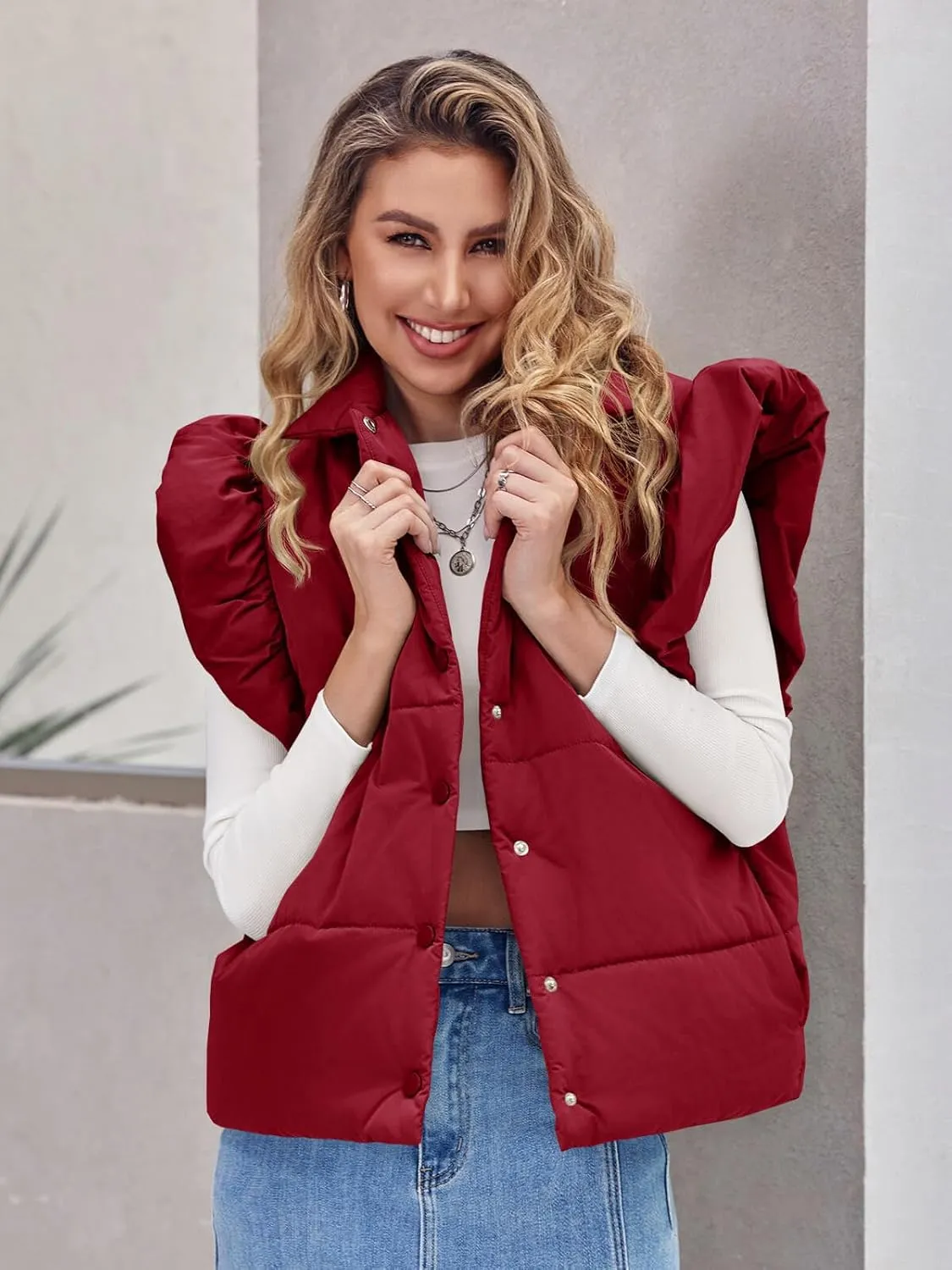 Tankaneo Womens Puffer Vest Ruffle Sleeveless Button Down Winter Warm Padded Gilet Coats