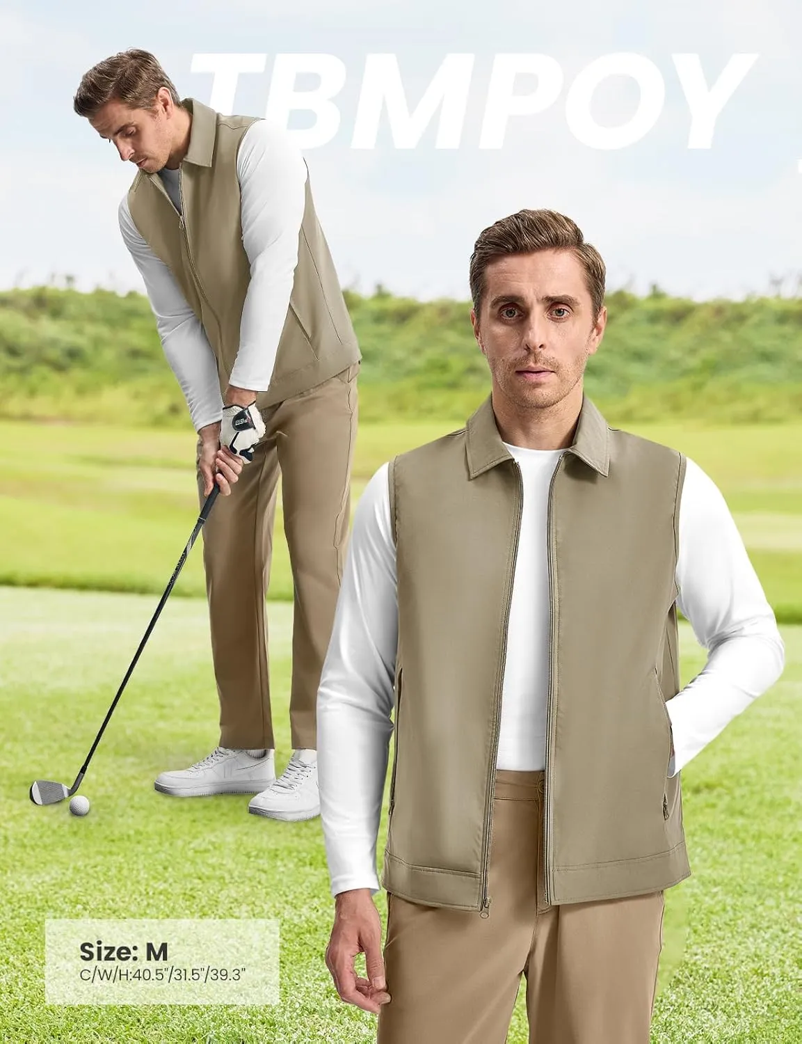 TBMPOY Men's Vest Casual Outerwear Lightweight 3 Zip Pockets Golf Sleeveless Jackets Summer Fall Full Zip Vest Travel