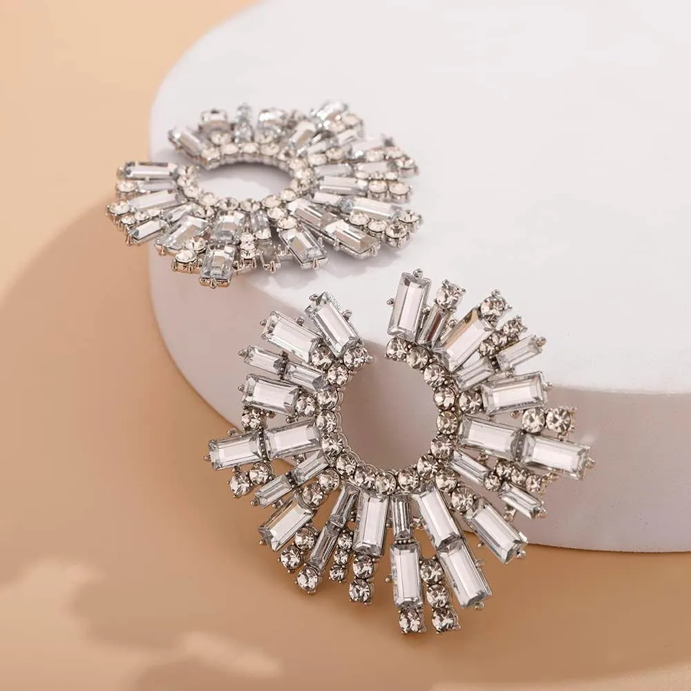Wiwpar Fashion Crystal Big Statement Off-White Earrings for Women Sparkly Round Shape Earrings Bohemian Pave Rhinestone Earrings Jewelry for Women Brides(off-white)