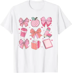 Women Coquette Pink Bow Ribbons Apple Teacher Appreciation T-Shirt