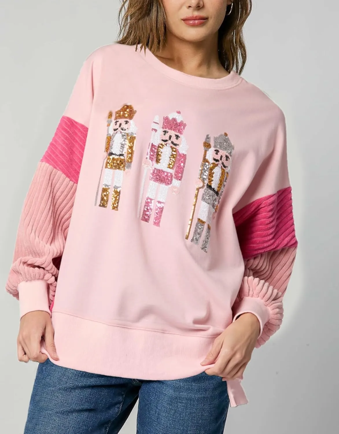 Women Merry Christmas Sequin Sweatshirt Cute Xmas Graphic Crewneck Sweater Holiday Party Long Sleeve Shirts Clothes