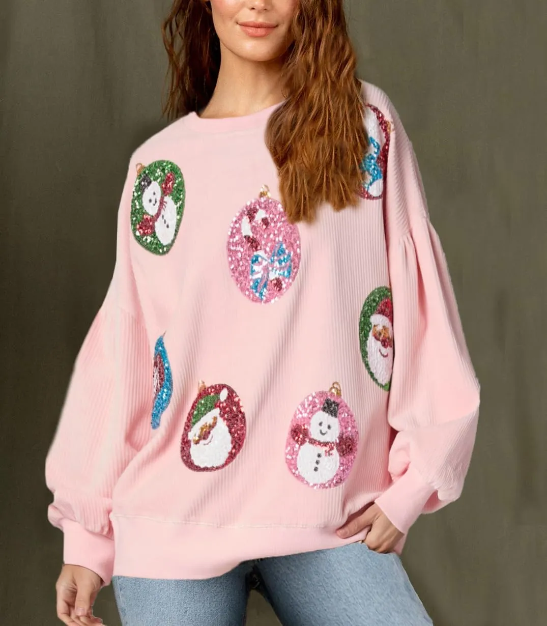 Women Merry Christmas Sequin Sweatshirt Cute Xmas Graphic Crewneck Sweater Holiday Party Long Sleeve Shirts Clothes