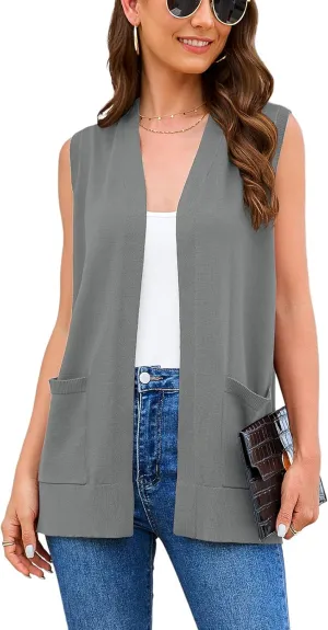 Women's 2025 Sleeveless Cardigan Sweaters Fashion Casual Soft Knit Office Duster Vests with Cozy Pockets (S-3XL)