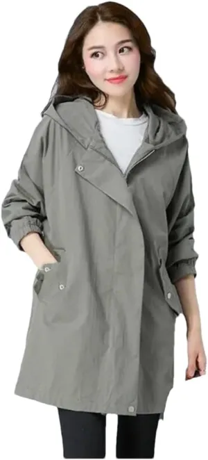 Women's Casual Long Sleeve Hooded Jacket Mid-Length Cotton Trench Coat
