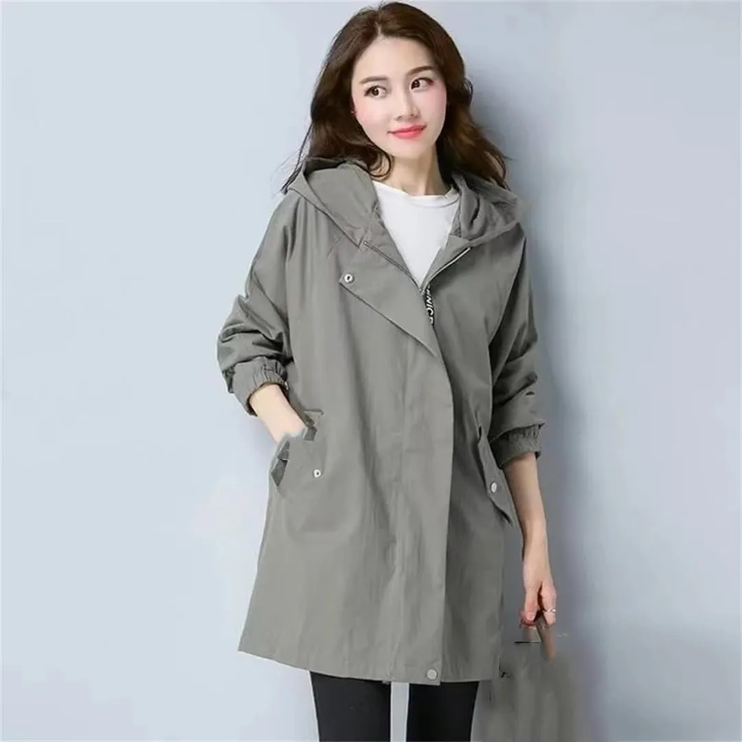 Women's Casual Long Sleeve Hooded Jacket Mid-Length Cotton Trench Coat