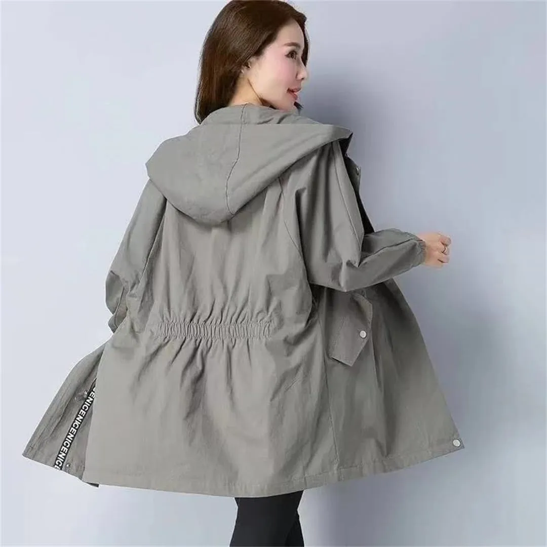 Women's Casual Long Sleeve Hooded Jacket Mid-Length Cotton Trench Coat