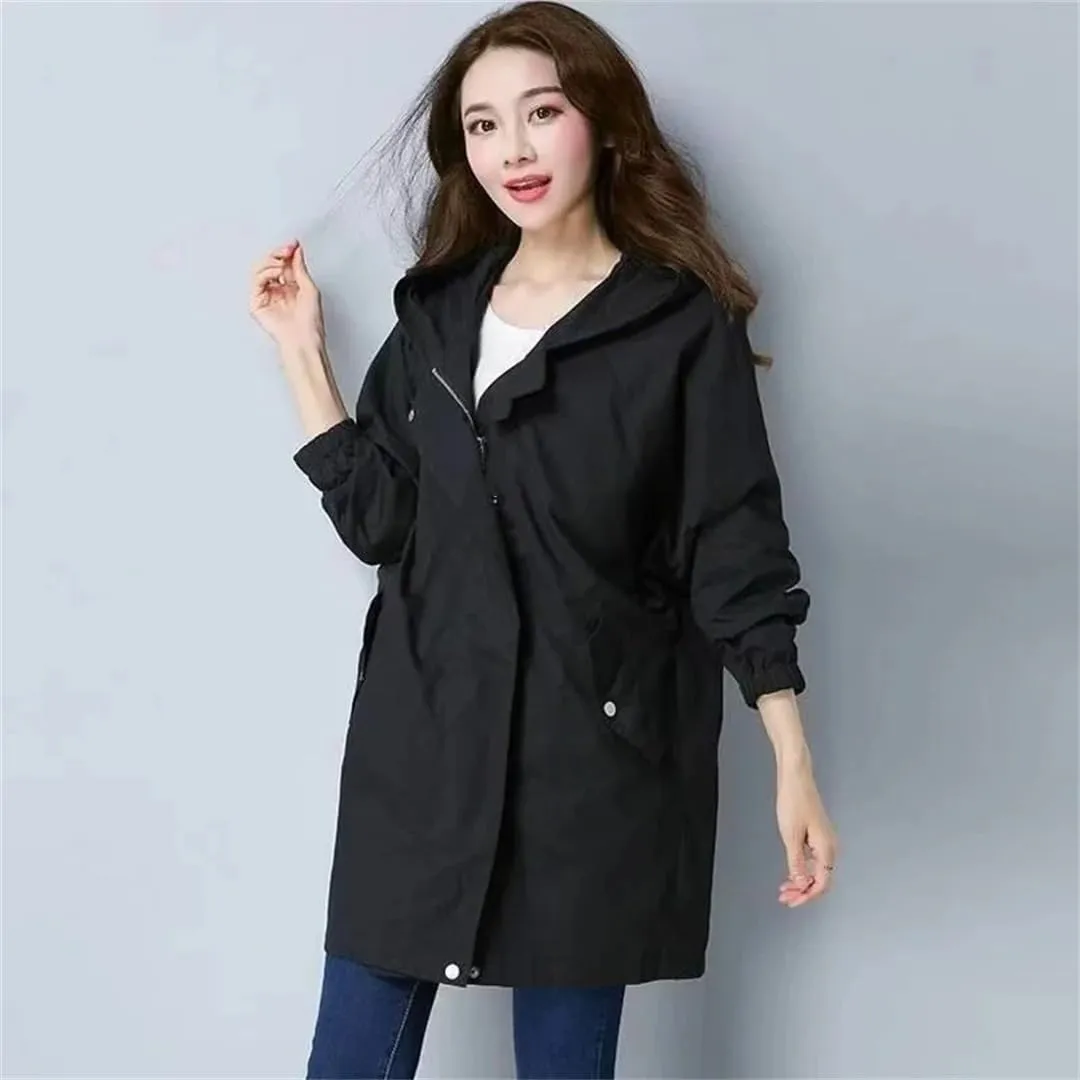 Women's Casual Long Sleeve Hooded Jacket Mid-Length Cotton Trench Coat