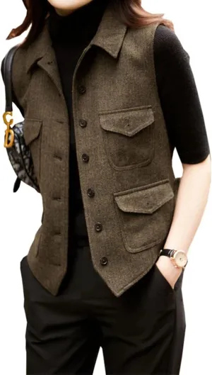 Women's Herringbone Wool Vest Lapel Waistcoat Casual Fashion Sleeveless Jacket Suit vests for Lady