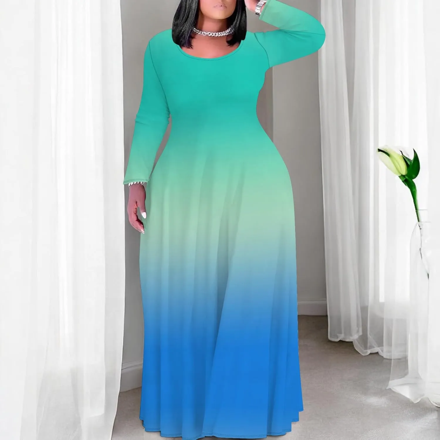 Women's Plus Size Long Sleeve Maxi Dresses T Shirt Solid Color Crewneck Floor Length Sundress Fall Dress with Pockets