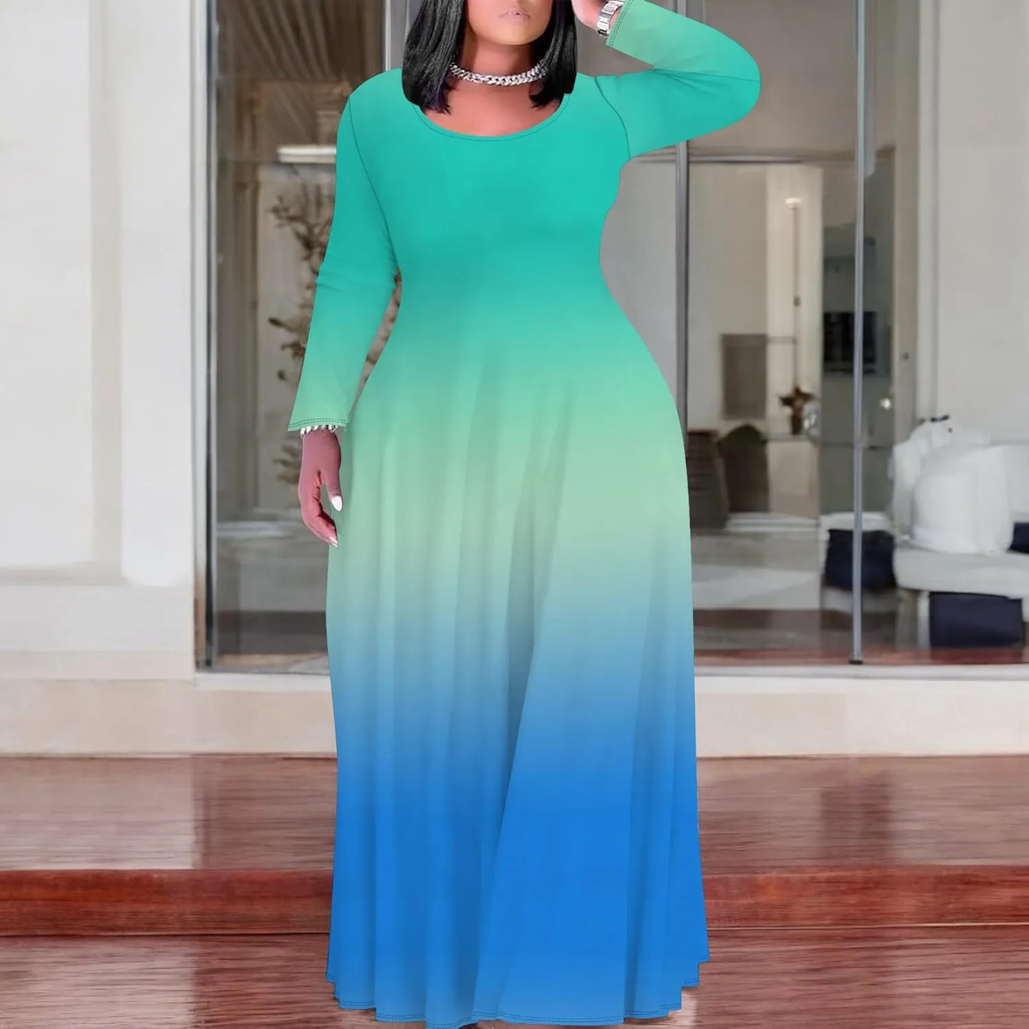 Women's Plus Size Long Sleeve Maxi Dresses T Shirt Solid Color Crewneck Floor Length Sundress Fall Dress with Pockets