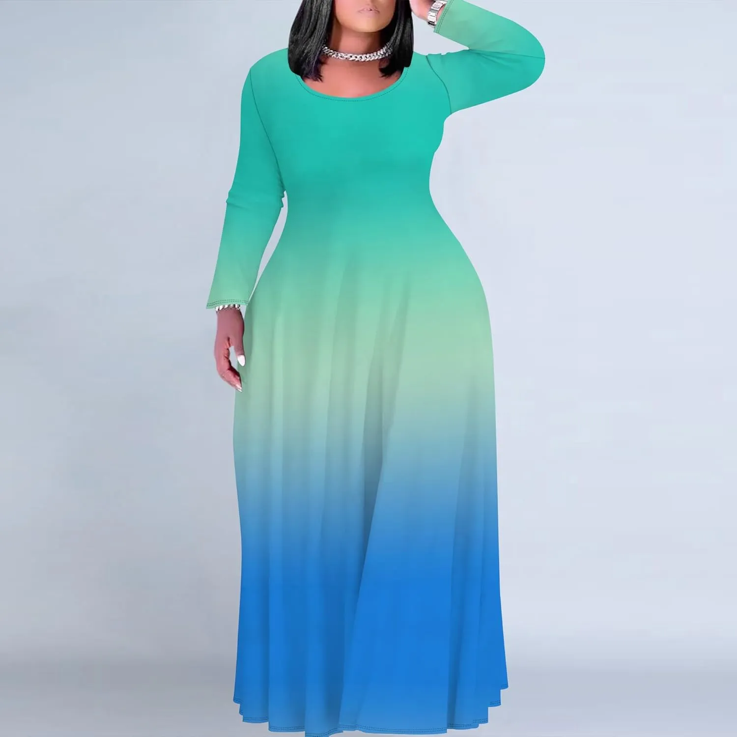Women's Plus Size Long Sleeve Maxi Dresses T Shirt Solid Color Crewneck Floor Length Sundress Fall Dress with Pockets