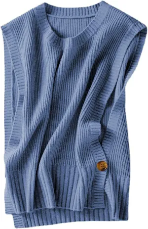 Womens Round Neck Knit Tank Vest Split Split Pullover Sleeveless Ribbed Knit Sweater Vest Tops